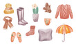 Autumn clothes set. Set with autumn boots, clothing, umbrella, knitted hat, scarf, gloves. Watercolor illustration isolated on white background