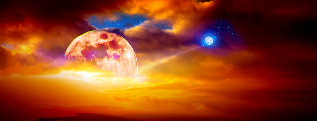 Wall Mural - Red clouds sky and full moon. Abstract background.