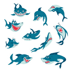 Wall Mural - Seamless pattern with Sharks in cartoon style. Comic sharks emotions. Background with funny sea colors for children's room design, clothing, textiles, Wallpaper, digital paper. Vector illustration