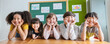 © paulaphoto - Portrait of five children having good time in classroom, asian caucasian children together in school background. Home school education, diversity multicultural community. Back to school concept