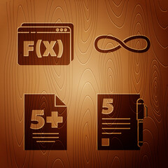 Poster - Set Test or exam sheet and pen, Function mathematical symbol, Test or exam sheet and Infinity on wooden background. Vector.