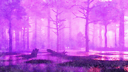 Wall Mural - magical misty forest swamp watercolor landscape
