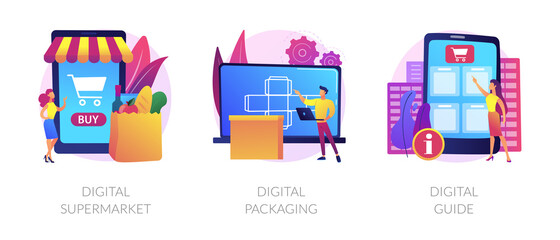 Sticker - Online services abstract concept vector illustration set. Digital supermarket and packaging, digital guide, AR labels software, online payment, grocery store, mobile guide app abstract metaphor.