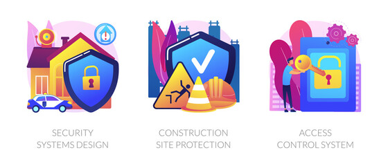 Wall Mural - Construction security services abstract concept vector illustration set. Security systems design, construction site protection, authorized access control system, video surveillance abstract metaphor.