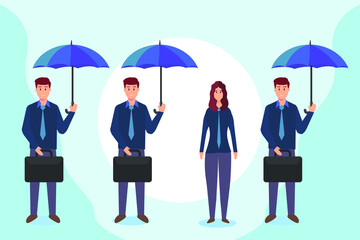 Wall Mural - think differently concept: female worker different from the other male worker carrying briefcase and