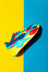 Wall Mural - Multicolor sport shoes on yellow background with shadows