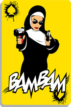 Nun With Two Black Pistols On A Playing Card