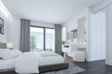 White modern style bedroom interior with wooden black floor parquet look clean and comfortable. 3D illustration