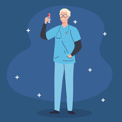 Sticker - male doctor professional with syringe vector illustration design