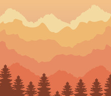Landscape In Sunset Moment With Pine Trees Vector Illustration Design