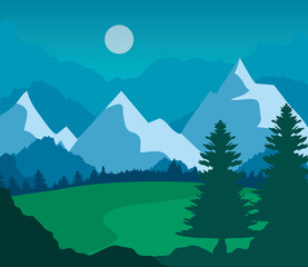 Sticker - landscape nature with grass field, pine trees and mountains vector illustration design