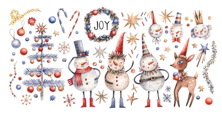 Large collection of watercolor Christmas illustrations in vintage style. Christmas characters, snowmen, Christmas tree, candy canes, deer, decor, snowflakes and stars. Hand drawn illustration