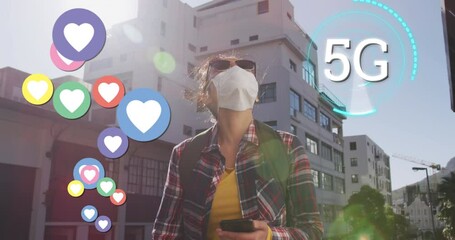 Poster - 5G text on circles and digital icons moving against woman in face mask using a smartphone