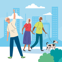 Poster - senior people doing different activities and hobbies in the outdoor vector illustration design