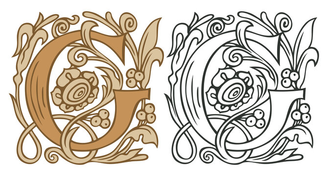 Initial letter G with vintage Baroque decorations. Two vector uppercase letters G in beige and black-white colors. Beautiful filigree capital letter to use for monogram, logo, emblem, card, invitation