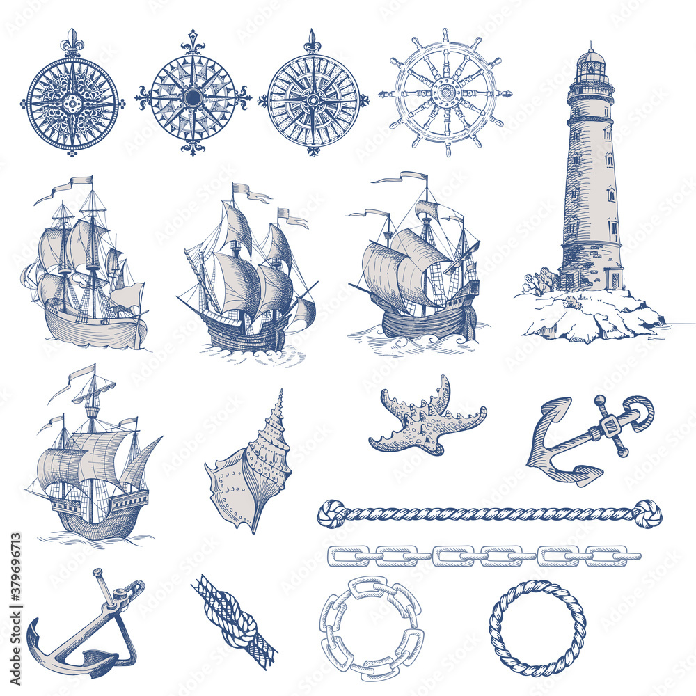 Set of decorative elements for menu design in a marine style. Old ship, lighthouse, wheel, compass meter, frames for inscriptions. - obrazy, fototapety, plakaty 