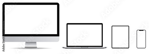 Fotografía Mockup of Realistic Computer, Monitor, Laptop, Tablet and smartphone with blank screen Isolated on white background
