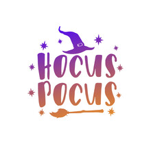 Hocus Pocus, Lettering Vintage Halloween Design. Frame Ornament Vector Style. Decoration Design Witch Silhouette Illustration.