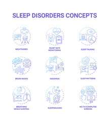 Wall Mural - Sleep disorder blue gradient concept icons set. Nightmares and night terrors. Heart rate monitor. Healthcare problem idea thin line RGB color illustrations. Vector isolated outline drawings