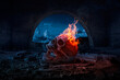 canvas print picture - Skull burned in fire in dark Halloween night. Concept of Halloween