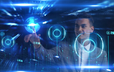 business, technology, internet and network concept. young businessman working on a virtual screen of