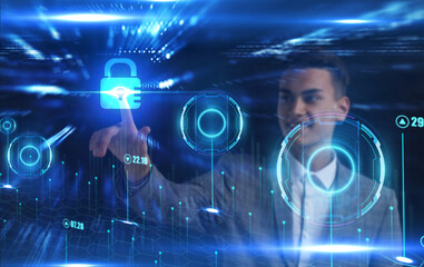 business, technology, internet and network concept. young businessman working on a virtual screen of