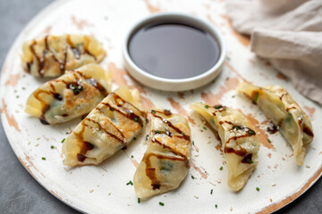 Wall Mural - Fried potstickers with balsamic glaze covered in seeds and chives