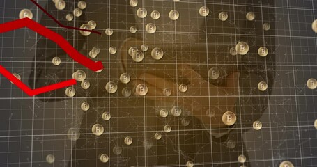 Poster - Red graphs moving over bitcoins and grid lines against businessman using digital tablet