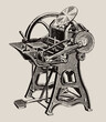 Vintage foot-treadle platen printing press in three quarter view, isolated on light brown background