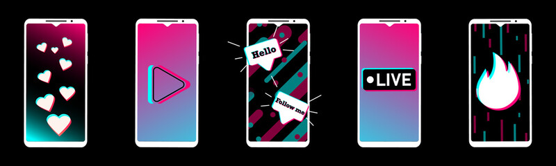 Wall Mural - Design concept with smartphones in the style of social networks. Hello, Follow me, Hearts, Live - basic social network expressions. Mobile app template.