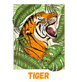 Fototapeta Dinusie - Tiger face and tropical leaves vector illustration. Hand drawn. Tiger angry portrait. Vector illustration.