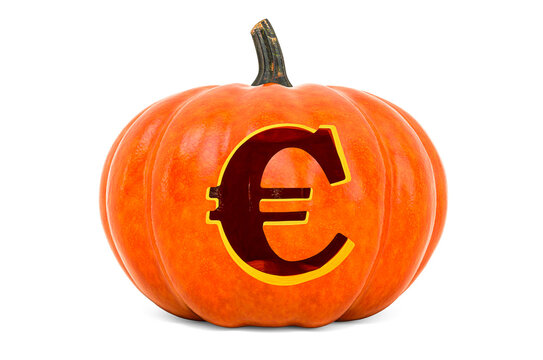 Euro Symbol Halloween Font. Pumpkin with carved euro, 3D rendering