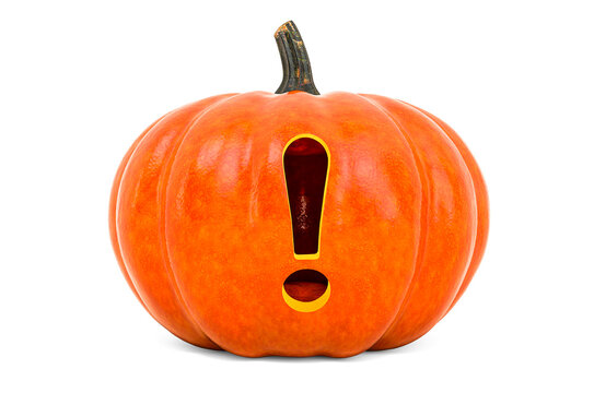 Exclamation Mark Halloween Font. Pumpkin with carved exclamation point, 3D rendering
