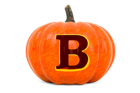 Letter B Halloween Font. Pumpkin with carved letter, 3D rendering