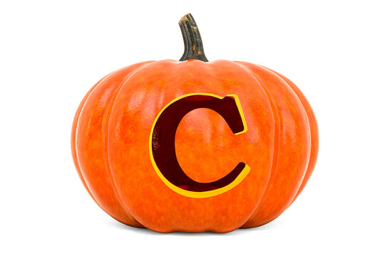 Letter C Halloween Font. Pumpkin with carved letter, 3D rendering