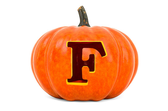 Letter F Halloween Font. Pumpkin with carved letter, 3D rendering