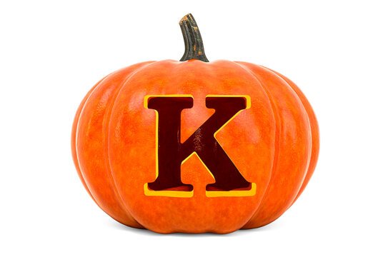 Letter K Halloween Font. Pumpkin with carved letter, 3D rendering