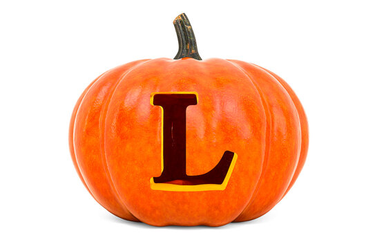 Letter L Halloween Font. Pumpkin with carved letter, 3D rendering