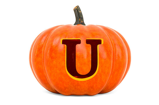 Letter U Halloween Font. Pumpkin with carved letter, 3D rendering
