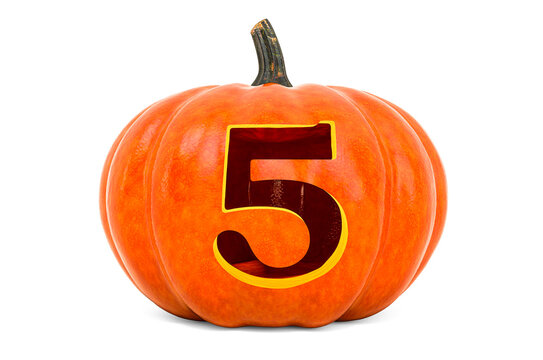 Number 5 Halloween Font. Pumpkin with carved 5, 3D rendering