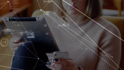 Poster - Network of connections against woman with digital tablet using smartphone