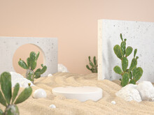 Premium Mockup White Podium On Sands Wave With Green Tropical Cactus Plants And Rock Background 3d Render