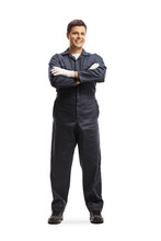 Auto Mechanic Worker In A Navy Blue Uniform Posing With Crossed Arms