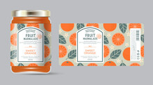 Label And Packaging Of Orange Marmalade. Jar With Label. Text In Frame With Stamp (sugar Free) On Seamless Pattern With Fruits, Flowers And Leaves.