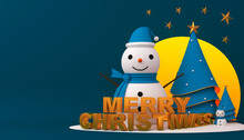 Snowman And Christmas Tree With Merry Christmas Text 3d Rendering.