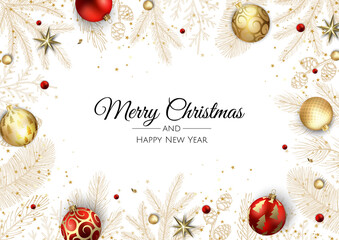merry christmas and happy new year. xmas background with poinsettia, snowflakes, star and balls desi