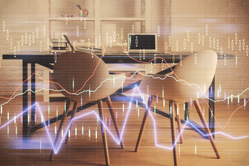 Multi exposure of financial graph drawing and office interior background. Concept of market analysis.