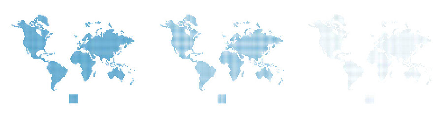 Poster - Pixel world map set in different resolution. Pixelated world maps. Vector.
