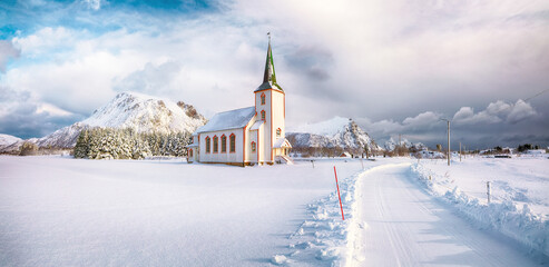 Wall Mural - Splendid snowy winter scene of  Valberg church on Lofoten Islands.