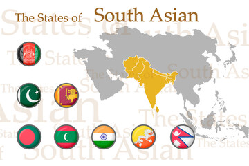  Set of icons for the flags of the countries of South Asia. Vector image of flags and geographical map of Asia on a white background. You can use it to create a website, print brochures, booklets.